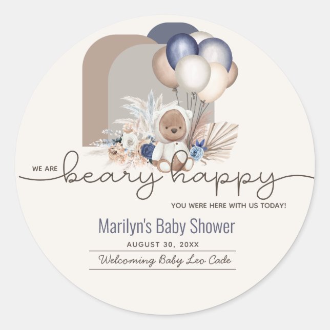 Sticker Rond Boho Teddy Bear & Balloons Bearly Wait Baby shower (Devant)