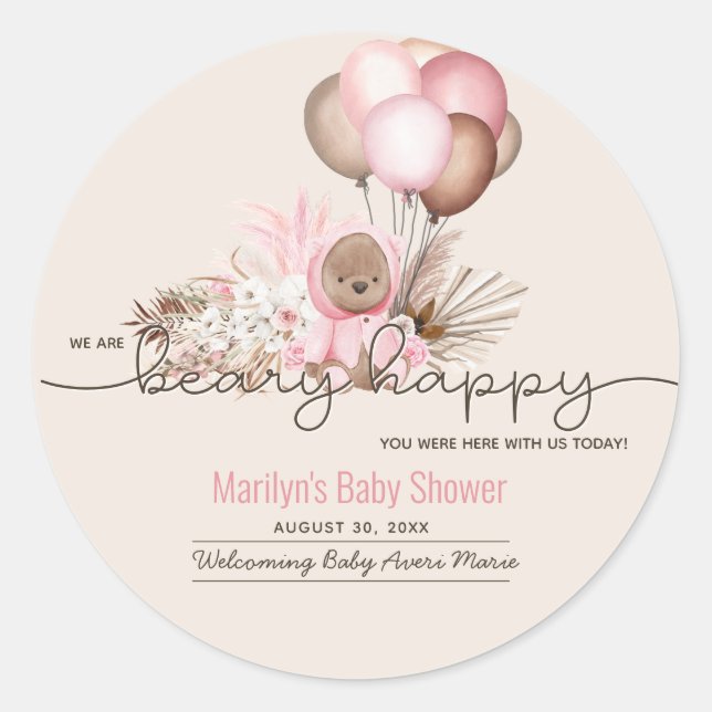 Sticker Rond Boho Teddy Bear & Balloons Bearly Wait Baby shower (Devant)
