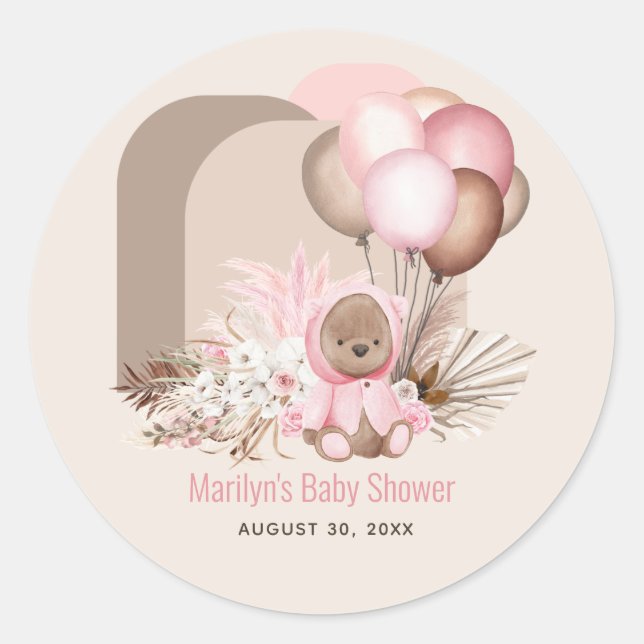 Sticker Rond Boho Teddy Bear & Balloons Bearly Wait Baby shower (Devant)