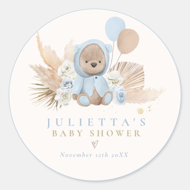 Sticker Rond Boho Teddy Bear Bleu Bearly Wait Baby shower (Devant)