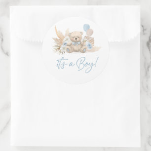 Sticker Rond Boho Teddy Bear Bleu Bearly Wait Baby shower Favor