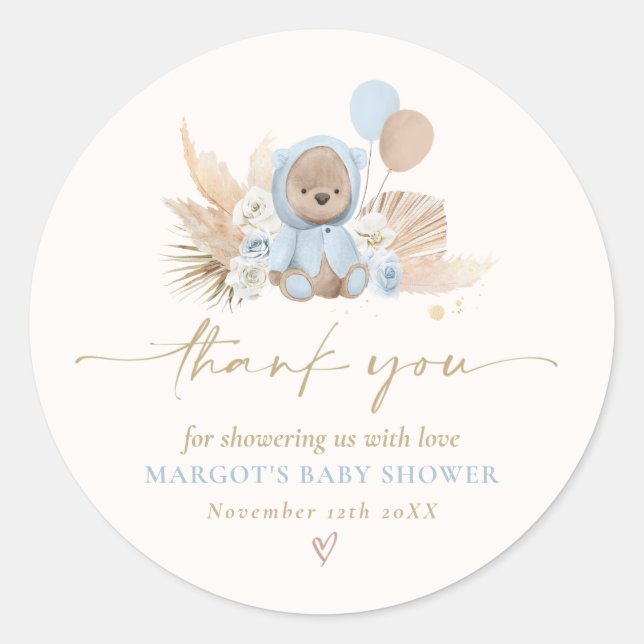 Sticker Rond Boho Teddy Bear Bleu Bearly Wait Baby shower Favor (Devant)