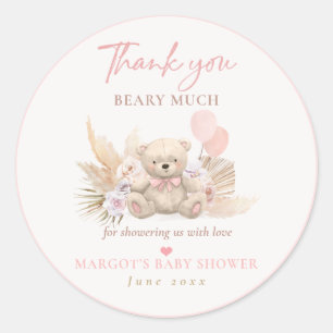 Sticker Rond Boho Teddy Bear rose Bearly Baby shower d'attente