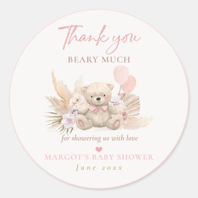 Sticker Rond Boho Teddy Bear rose Bearly Baby shower d'attente  (Devant)