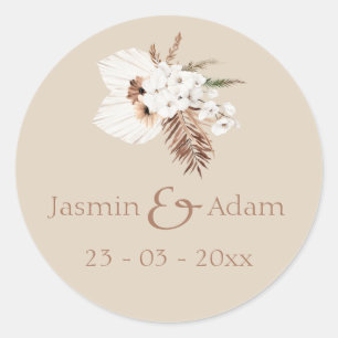 Sticker Rond Boho Terracotta Beige Pampas Grass Mariage Floral