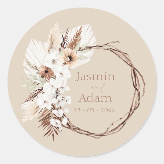 Sticker Rond Boho Terracotta Beige séché Floral Mariage Wreath (Devant)