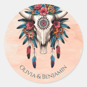 Sticker Rond Boho Tribal Aquarelle Floral Vache Mariage crâne