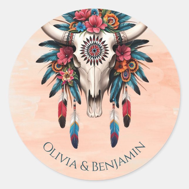 Sticker Rond Boho Tribal Aquarelle Floral Vache Mariage crâne (Devant)