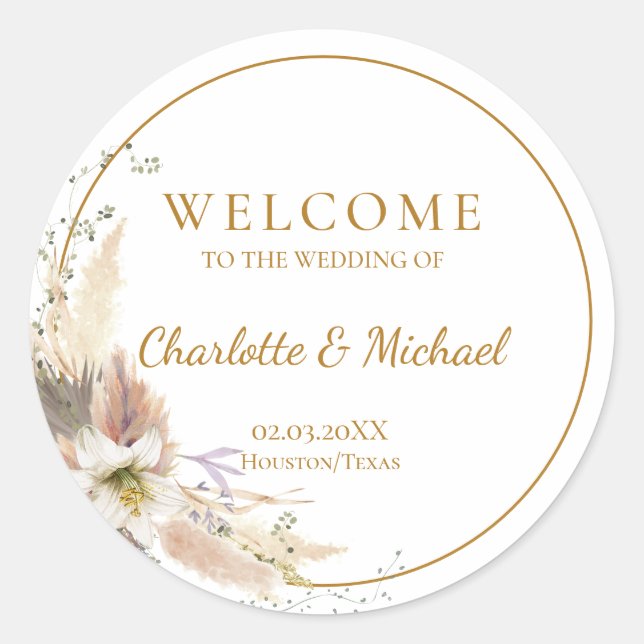 Sticker Rond Boho Tropical Botanical | Bienvenue Mariage (Devant)