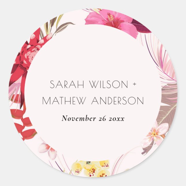 Sticker Rond Boho Tropical Vive Rouge Blush Floral Mariage (Devant)