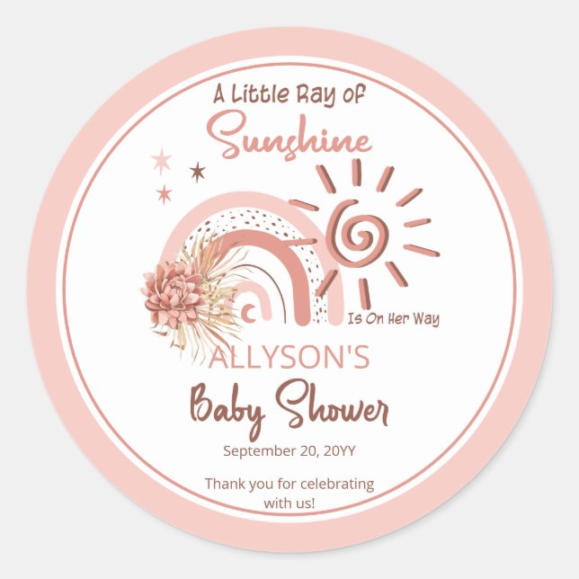 Sticker Rond Boho Un petit rayon de soleil Baby shower fille (Devant)