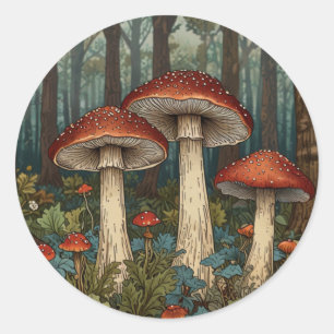 Sticker Rond Boho vintage champignons forêt