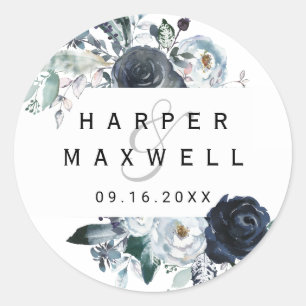 Sticker Rond Boho White Navy Peony Mariage aquarelle