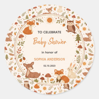 Sticker Rond Boho Woodland Baby Shower | Rustic Forest Animals
