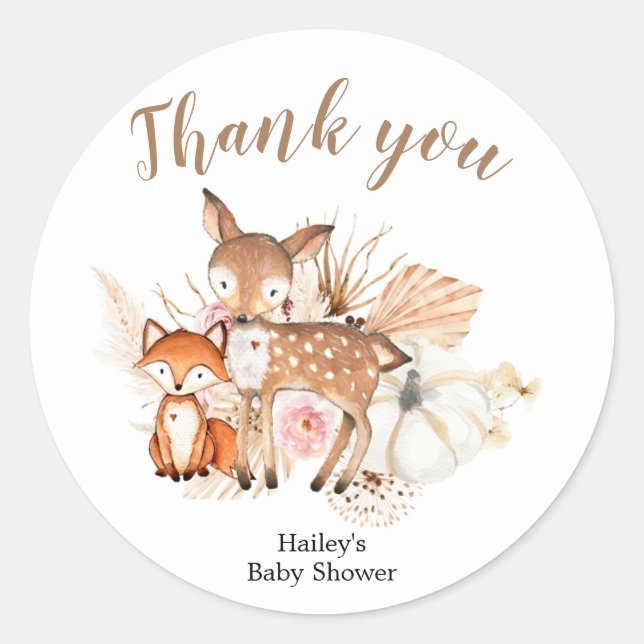 Sticker Rond Boho Woodland Citrouille Baby shower Merci (Devant)