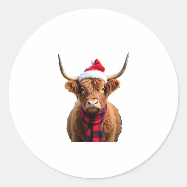 Sticker Rond Boho Xmas Christmas Highland Cow T-Shirt (3) (Devant)