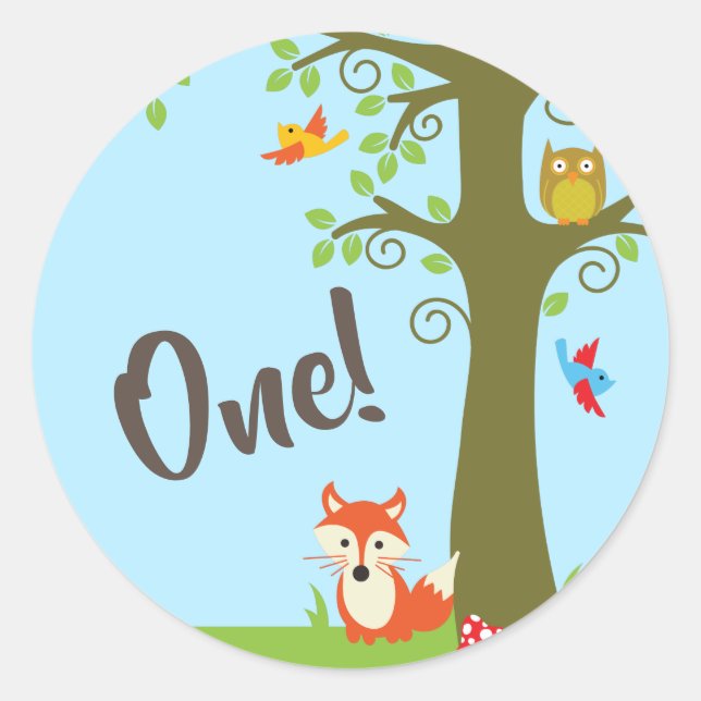 Sticker Rond Bois Animaux Anniversaire Cute Kids Forest Friends (Devant)