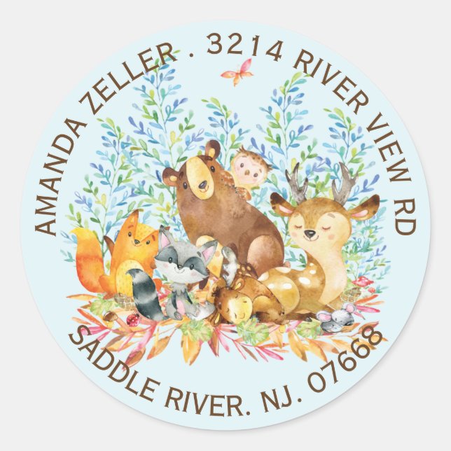 Sticker Rond Bois Animaux Baby shower Adresse de retour Étiquet (Devant)