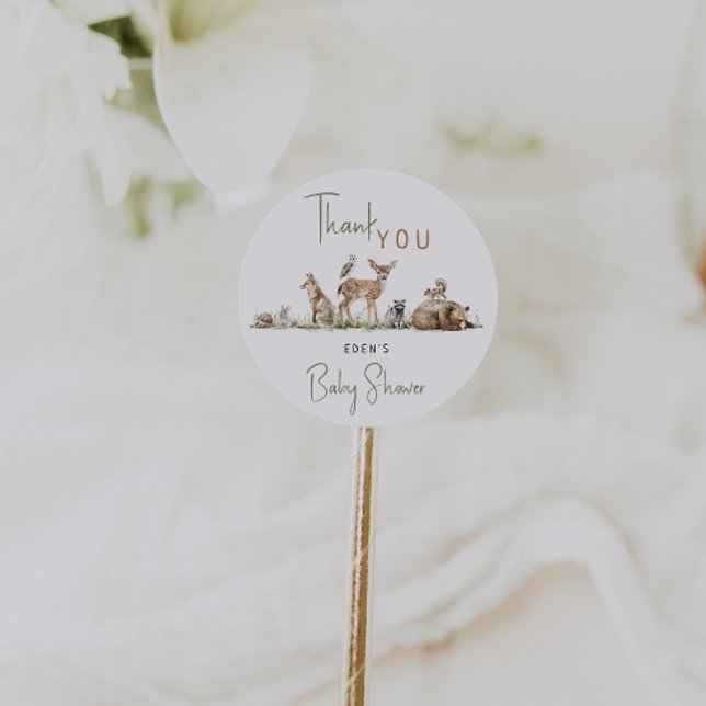 Sticker Rond Bois Animaux Baby shower Merci avec nom (Créateur téléchargé)