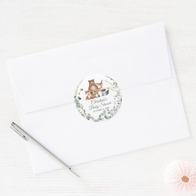 Sticker Rond Bois Animaux Baby shower verdoyant (Enveloppe)