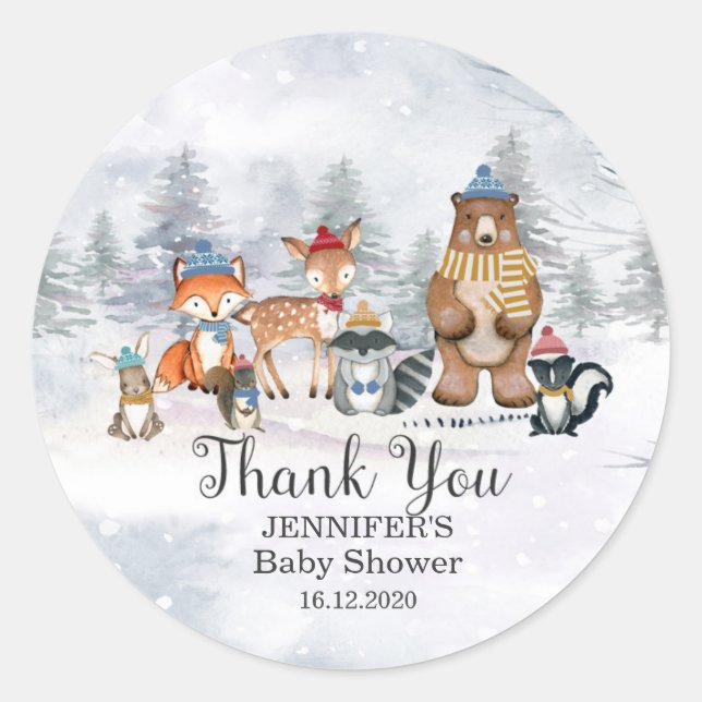 Sticker Rond Bois Animaux d'hiver Baby shower 1er anniversaire (Devant)