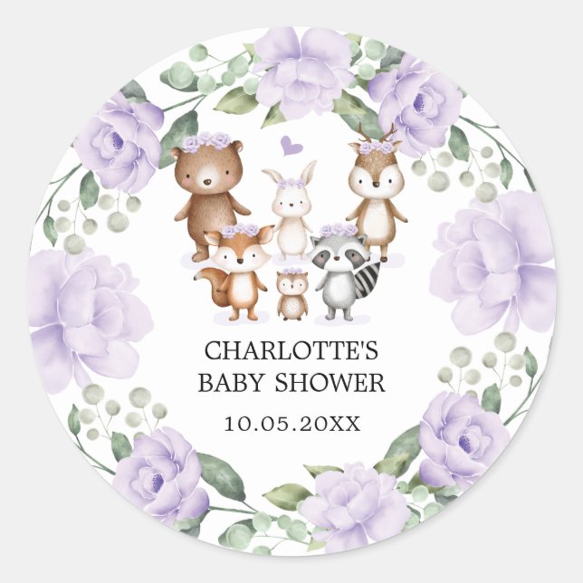 Sticker Rond Bois Animaux Fleurs violettes Wreath Baby Girl (Devant)