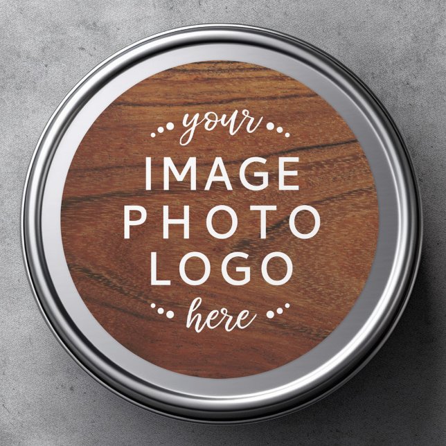 Sticker Rond Bois Brown votre image logo texte ici (Round sticker with brown wood grain background and your image, text or logo)