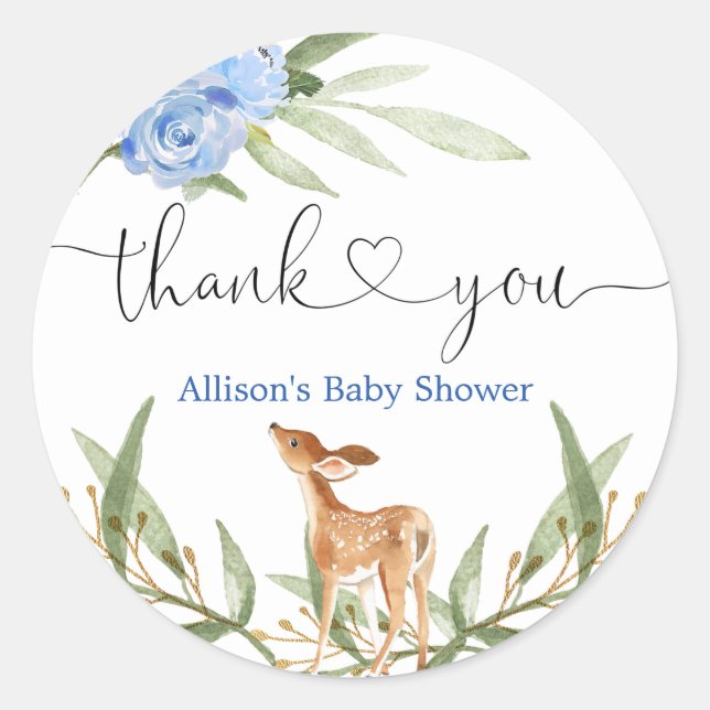 Sticker Rond Bois cerf bleu vert or garçon baby shower (Devant)