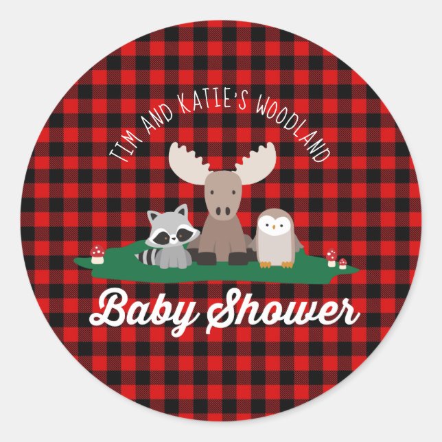 Sticker Rond Bois de bûcheron Baby shower Animaux Red Plaid (Devant)