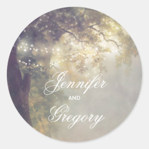 Sticker Rond Bois de chêne rustique et lumières à cordes Mariag