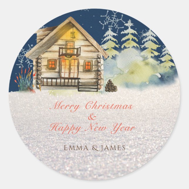 Sticker Rond Bois de Noël rustique Cabine Forêt Arbres Neige (Devant)