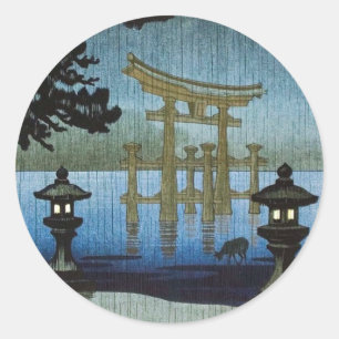 Sticker Rond Bois de pluie japonais du soir Art Ukiyo-e
