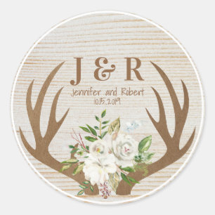 Sticker Rond Bois et Arrière - plan Floral Boho Antlers Monogra