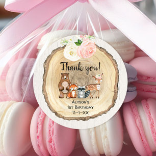 Sticker Rond Bois fleurie rustique mignon animaux fille anniver