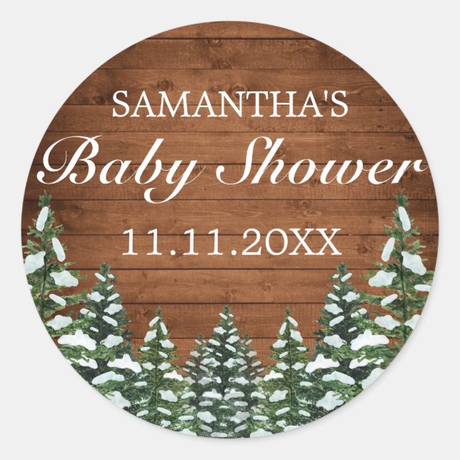 Sticker Rond Bois neigeux et forêt Baby shower à pin (Devant)