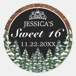Sticker Rond Bois neigeux noir et pin Tiara Sweet 16