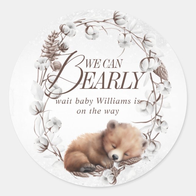 Sticker Rond Bois Nous pouvons attendre le Baby shower d'hiver (Devant)