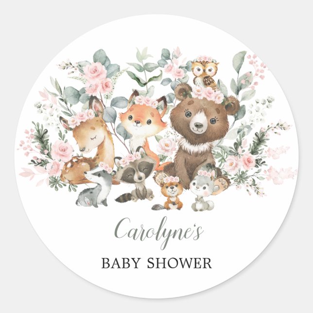 Sticker Rond Bois rose doux Animaux Eucalyptus Baby shower (Devant)