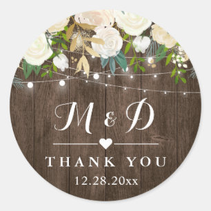 Sticker Rond Bois rustique Blanc Floral Monogramme Mariage Fave