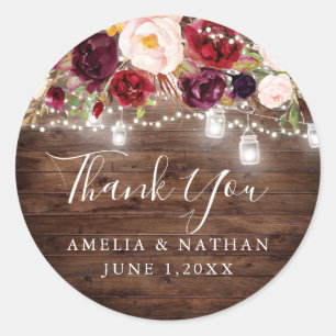 Sticker Rond Bois rustique Bourgogne Floral Lumières Mariage
