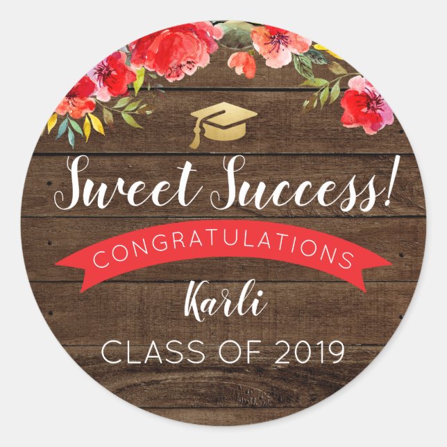 Sticker Rond Bois rustique Floral Graduation Succès doux (Devant)