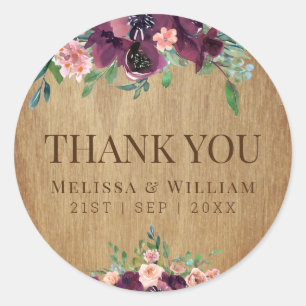 Sticker Rond Bois rustique Floral Marsala Mariage Merci