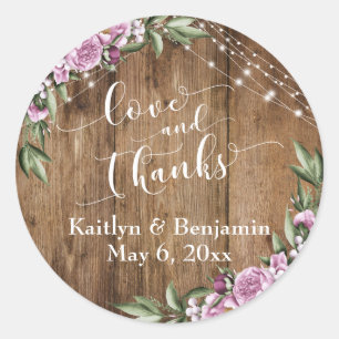 Sticker Rond Bois rustique, Lumières blanches, Fleurs Amour et 