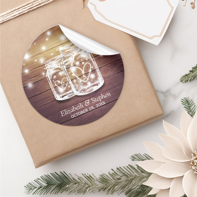 Sticker Rond Bois rustique Mason Jar String éclats mariage Fave (Créateur téléchargé)