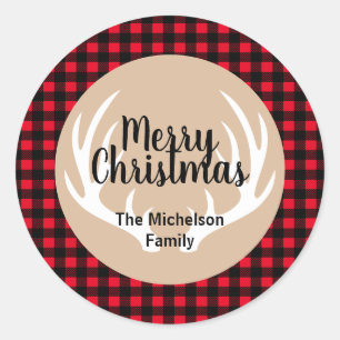 Sticker Rond Bois rustique Plaid Cerfs blancs Antlers Noël