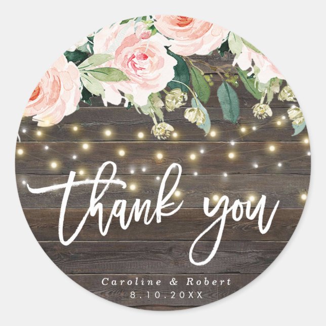 Sticker Rond bois rustique rose mariage floral merci autocollan (Devant)
