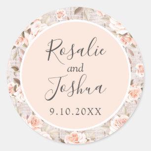 Sticker Rond Bois Rustique & Roses Romantiques Date de Mariage 
