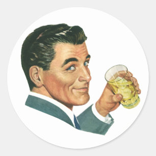 Sticker Rond Boissons Cocktails Vintage, Homme Buvant des Boiss