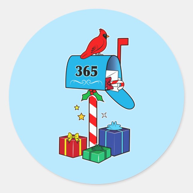 Sticker Rond Boîte aux lettres de Noël avec cardinal et cadeaux (Devant)