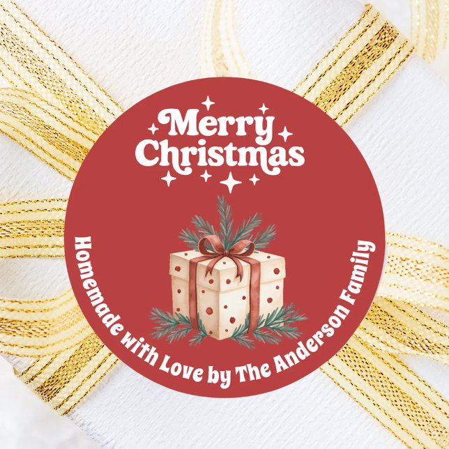 Sticker Rond Boîte cadeau de Noël fait maison rouge blanc (Créateur téléchargé)